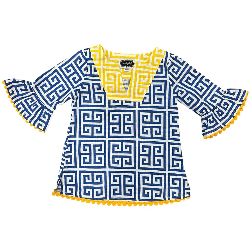Mud Pie Blue & Yellow Geometric Pom-Pom Tunic